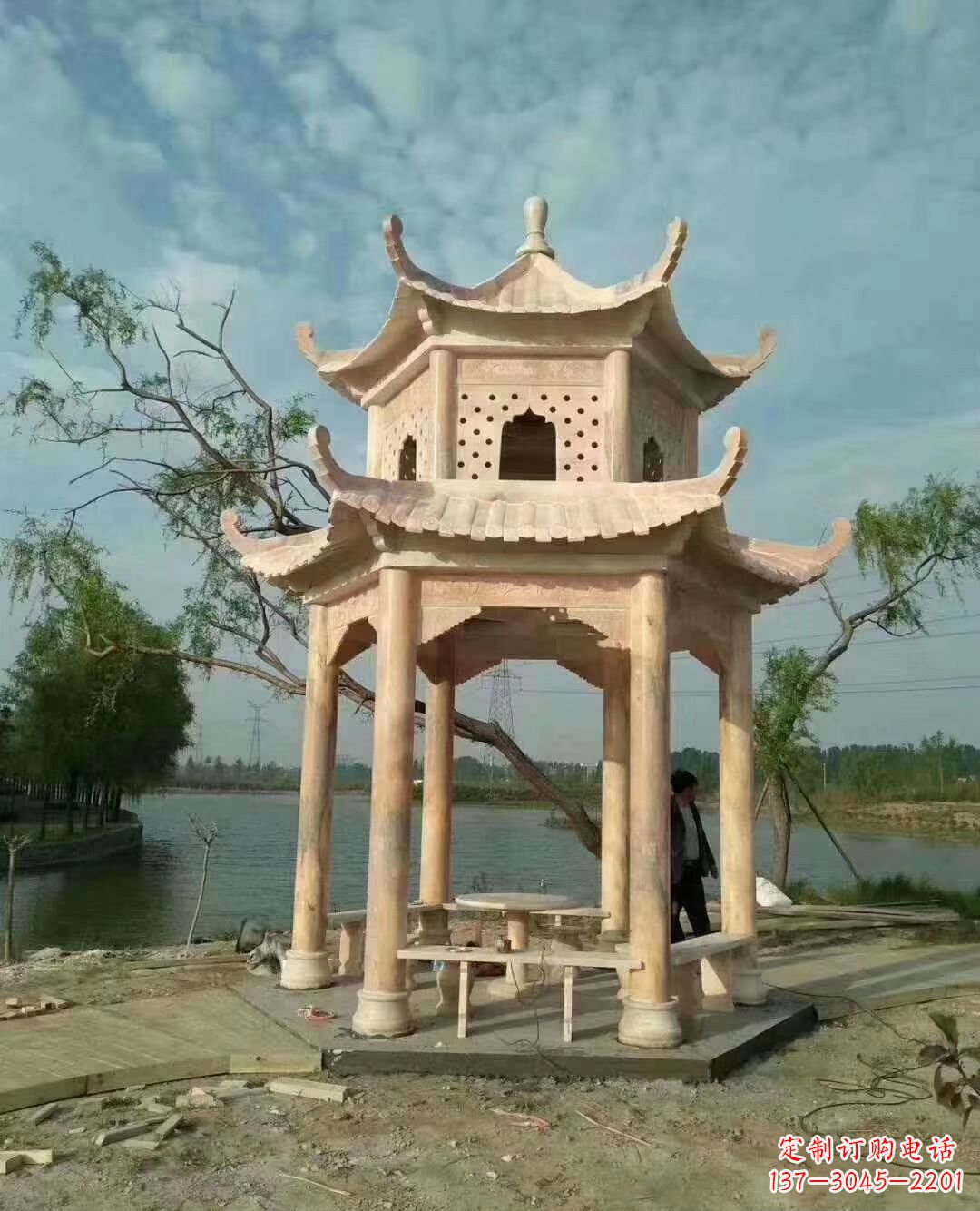 烟台晚霞红双层石凉亭 (2)