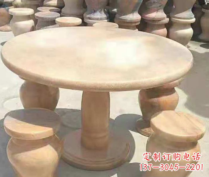 烟台晚霞红圆形石桌凳 (2)