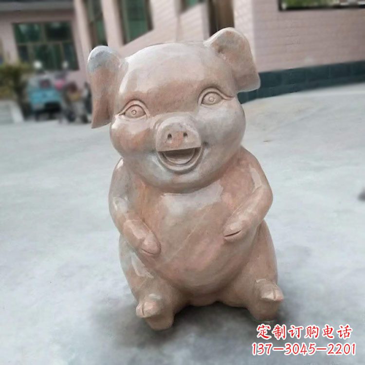 烟台喜庆的石雕猪-晚霞红大理石生肖动物雕塑