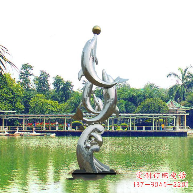 烟台戏球不锈钢海豚雕塑-园林水景动物景观