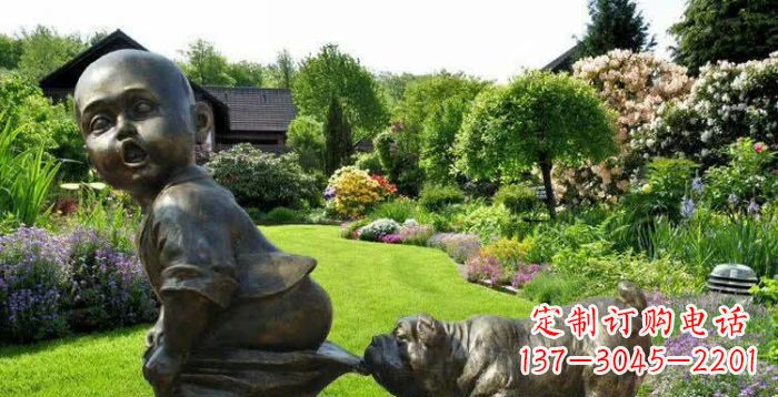 烟台小狗叼小孩裤子童趣铜雕