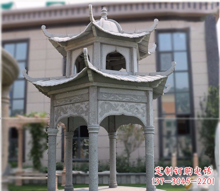 烟台小区大理石六角石雕双层凉亭