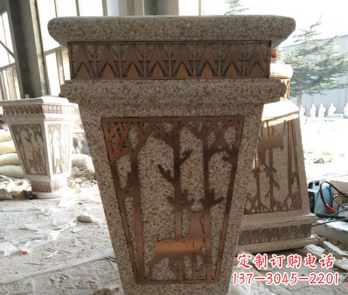 烟台小区大理石梅花鹿石浮雕花盆