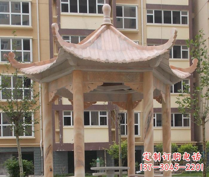 烟台小区晚霞红六角凉亭石雕