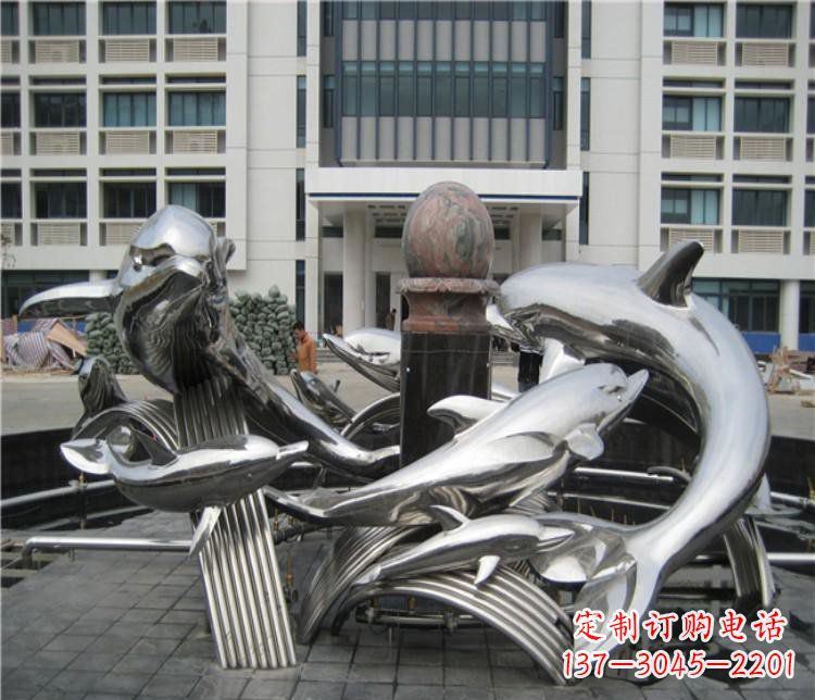 烟台校园不锈钢海豚海浪雕塑