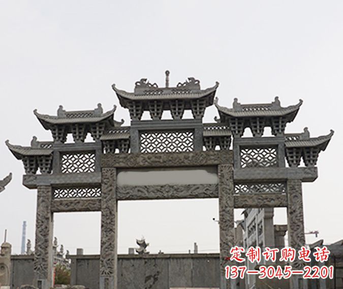 烟台园林仿古三门牌坊石雕 (4)