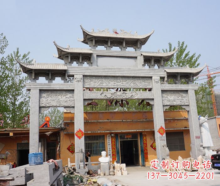 烟台园林仿古三门牌坊石雕 (5)