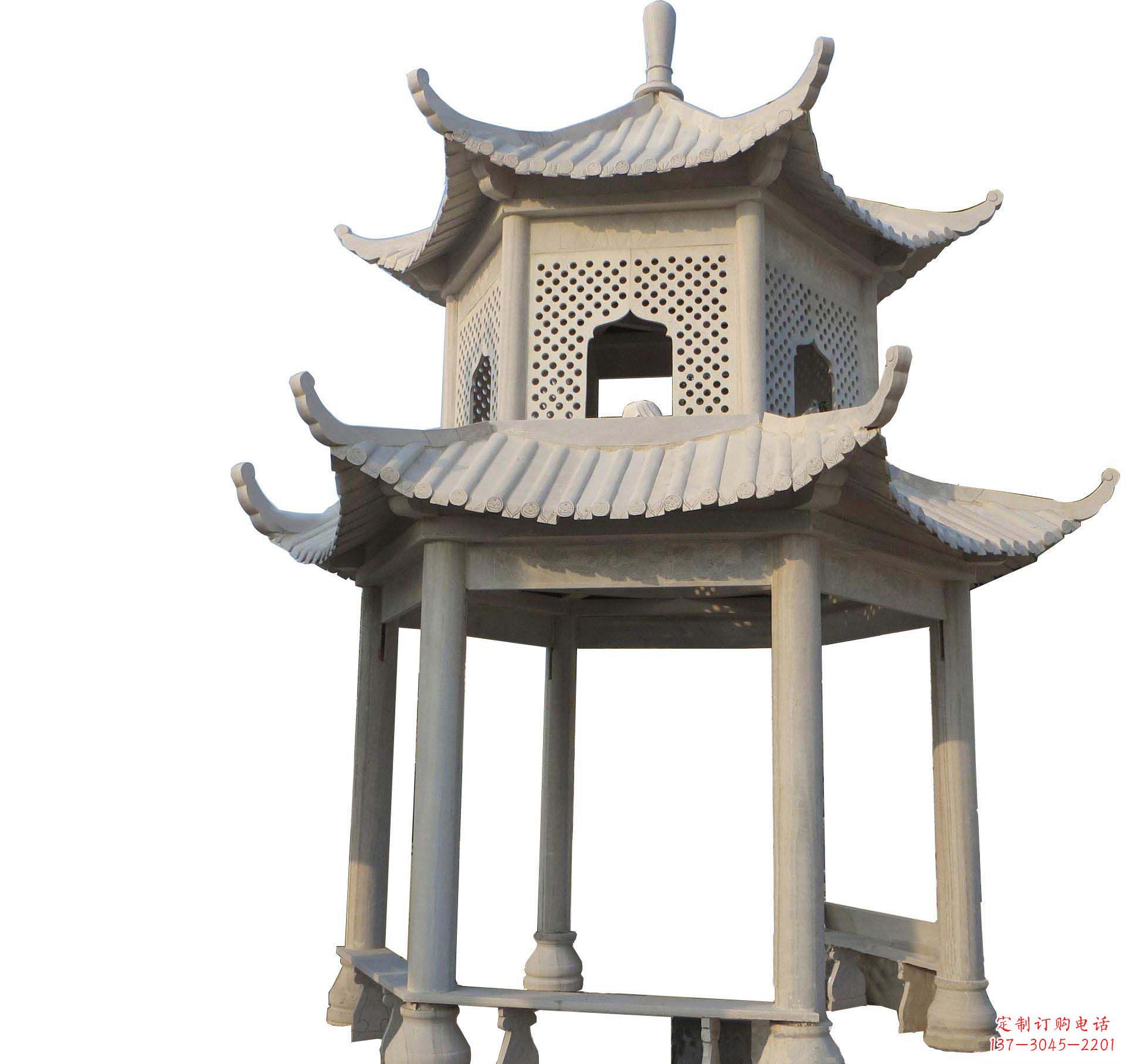 烟台园林景观大理石六角石雕双层凉亭