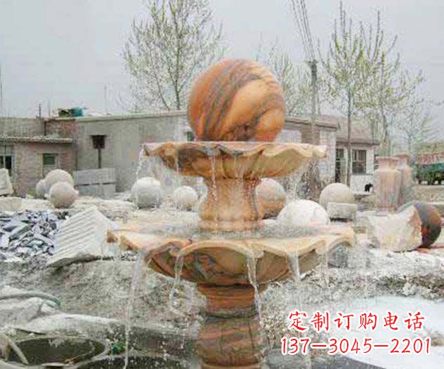 烟台园林景观晚霞红风水球喷泉石雕