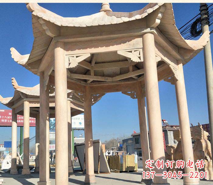 烟台园林景观晚霞红六角石雕凉亭 (2)