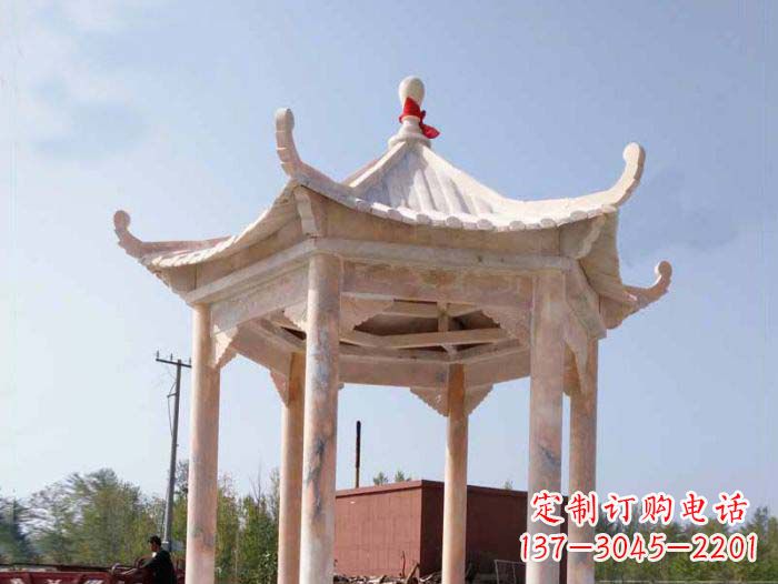 烟台园林景观晚霞红六角石雕凉亭