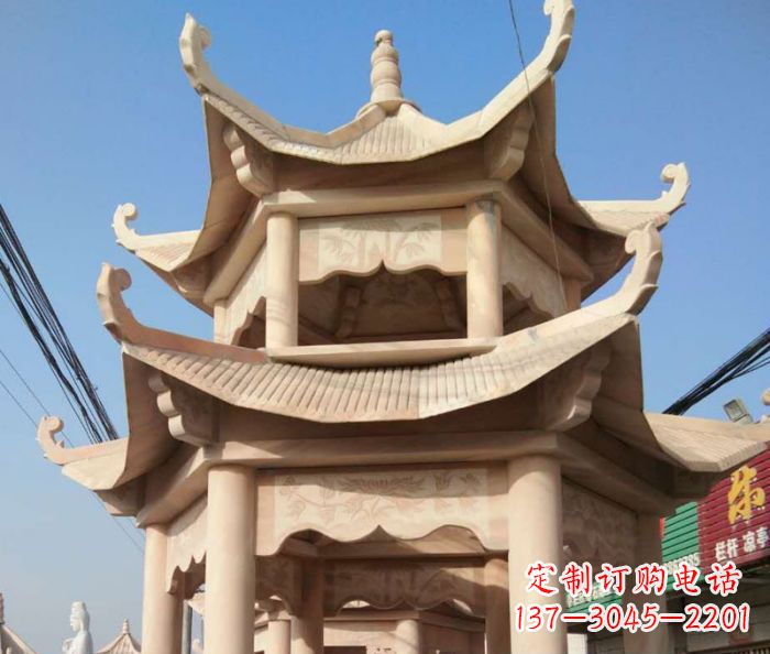 烟台园林景观晚霞红双层石雕凉亭 (2)