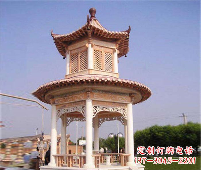 烟台园林景观晚霞红双层石雕凉亭 (4)