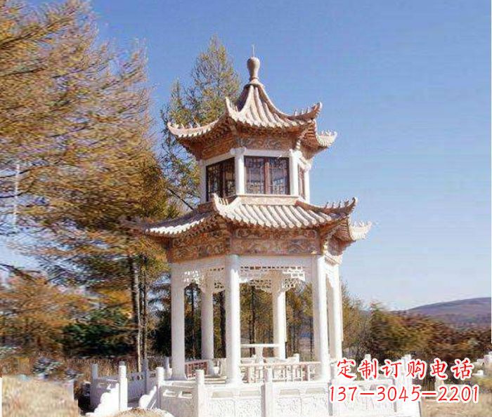 烟台园林景观晚霞红双层石雕凉亭 (3)