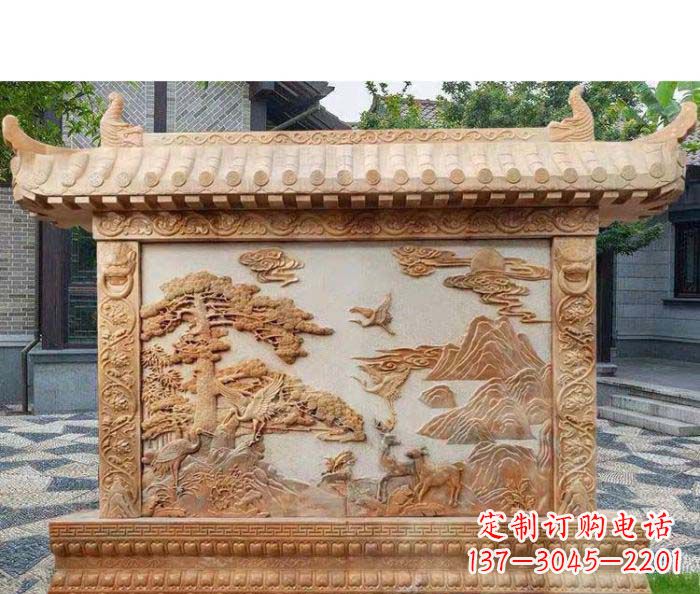 烟台园林景观晚霞红松鹤石浮雕影壁