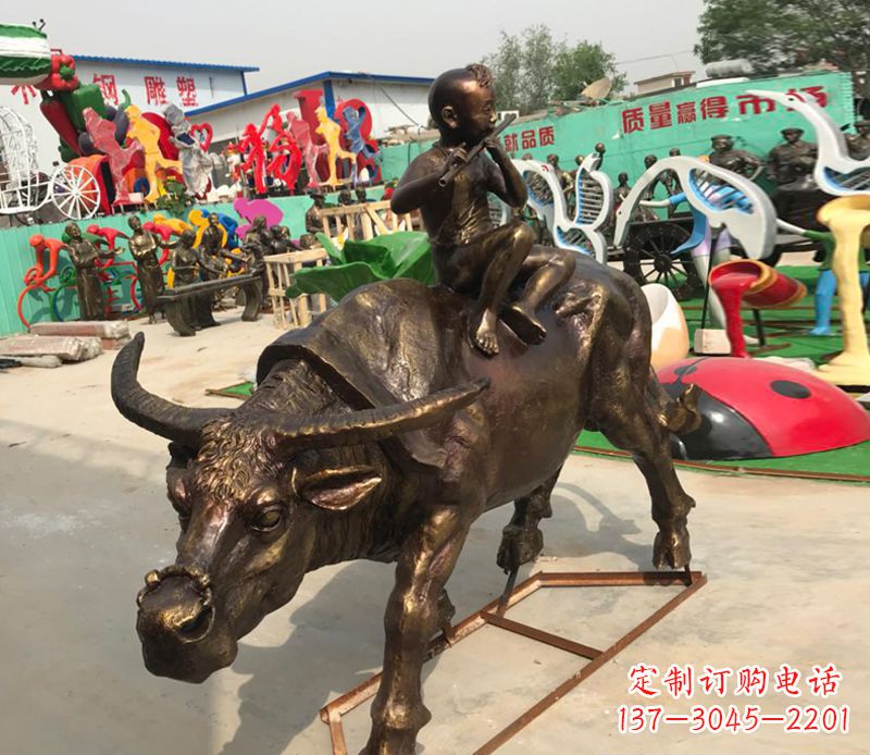 烟台园林牧童骑牛铜雕塑
