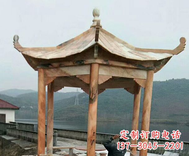 烟台园林晚霞红单层石凉亭景观石雕