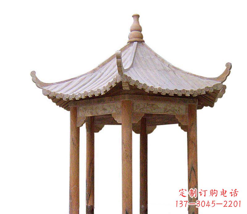 烟台园林晚霞红六角石凉亭景观石雕 (2)