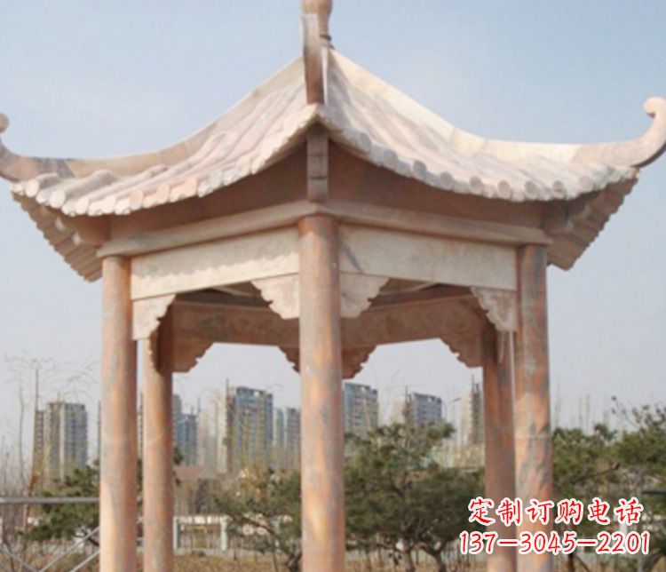烟台园林晚霞红六角石凉亭景观石雕
