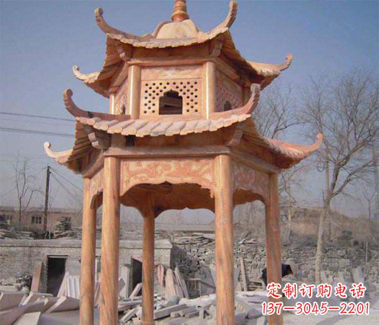 烟台园林晚霞红石凉亭景观石雕
