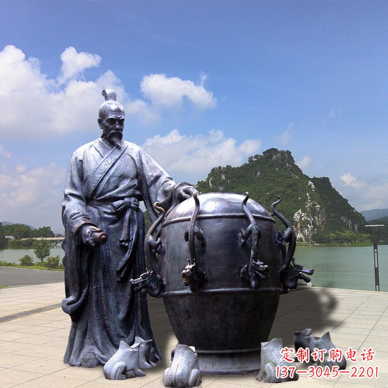 烟台张衡地动仪地震仪雕塑-玻璃钢仿铜历史名人情景雕塑