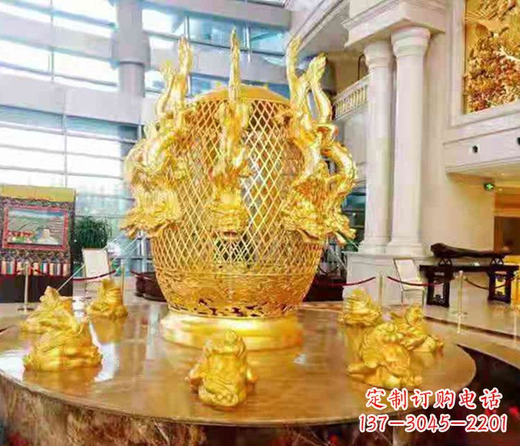 烟台张衡地动仪企业景观雕塑摆件纯铜鎏金古仪器