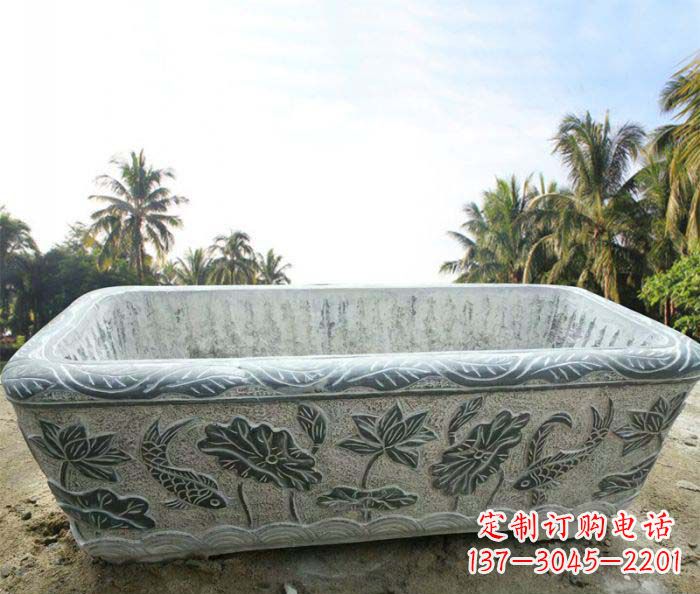 烟台长方形连年有余荷花浮雕石水缸