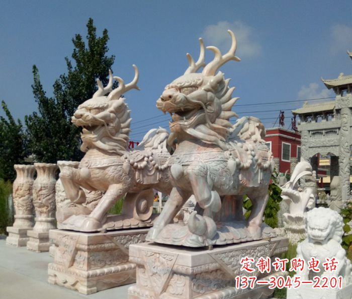 烟台招财神兽晚霞红石雕麒麟