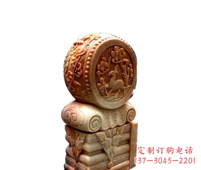 烟台招财石门墩晚霞红抱鼓石
