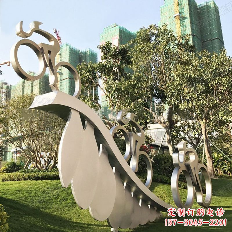 烟台自行车雕塑-抽象不锈钢骑自行车人物景观雕塑